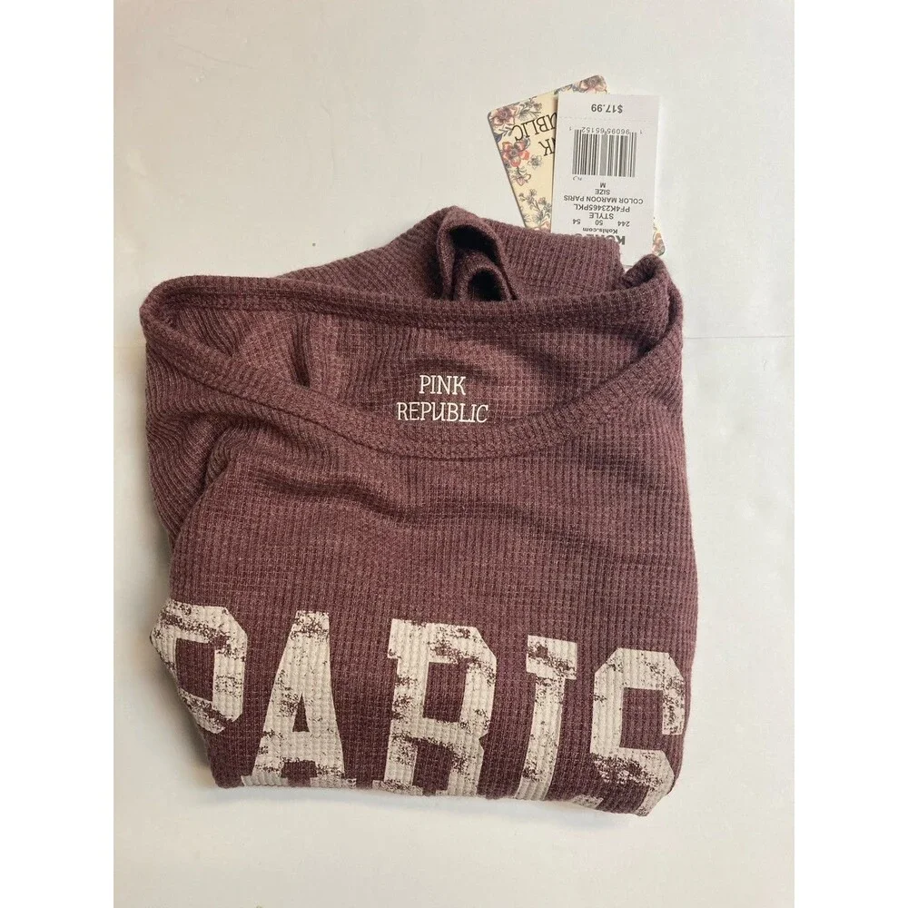 Pink Republic Women's Maroon Paris Graphic Scoop Neck Long Sleeve Knit Top M